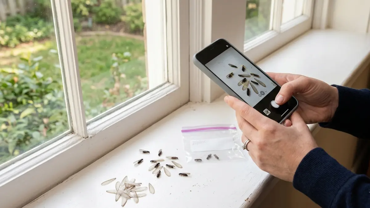 Homeowner photographing Termite swarmers and collecting shed wings for professional identification