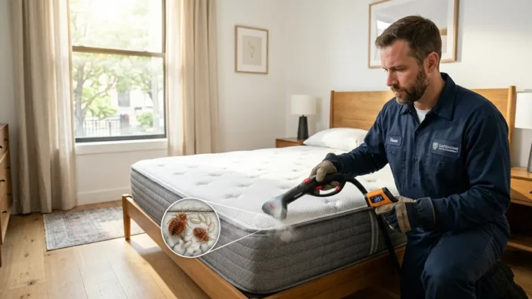 Does Heat Kill Bed Bugs – professional pest control technician using high-temperature steam treatment on a mattress in a modern bedroom