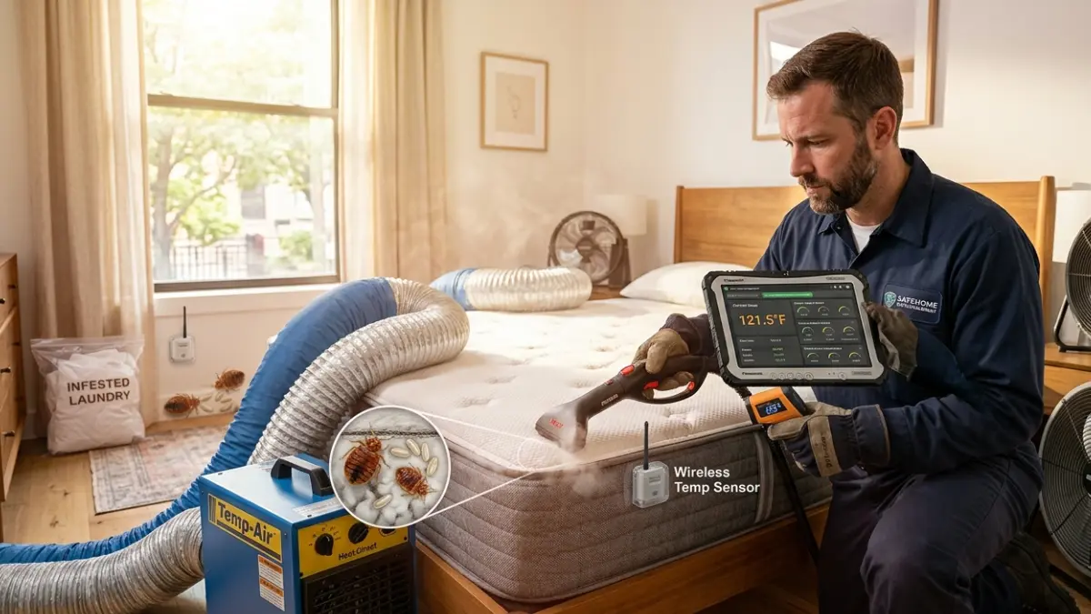 Does Heat Kill Bed Bugs – professional whole-room heat treatment using industrial heaters and temperature monitoring equipment