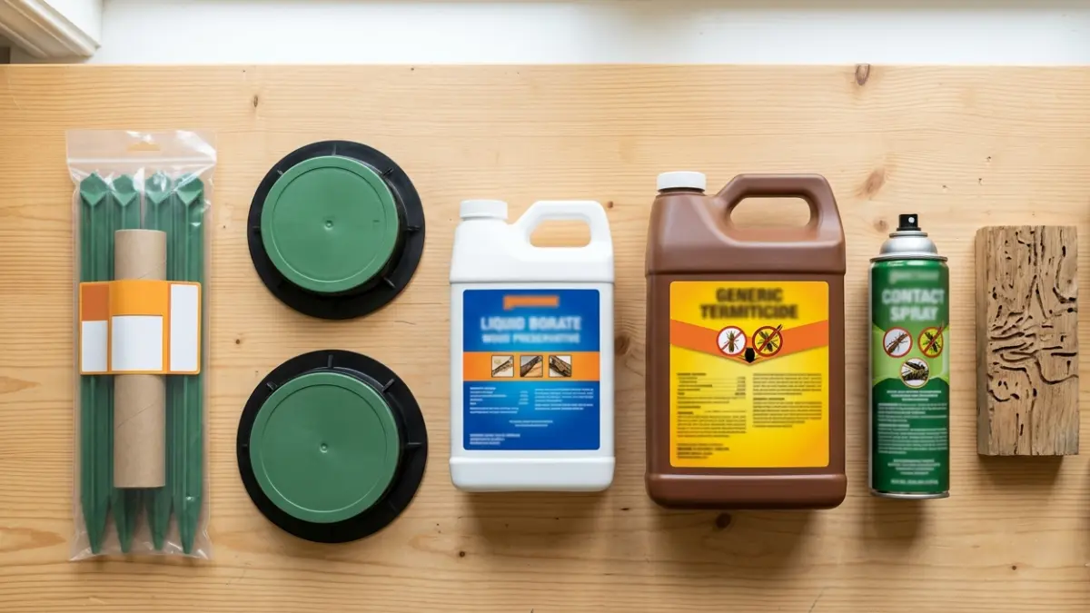 Five common termite treatment product categories displayed on a workbench including monitoring stakes, bait stations, borate wood treatment, liquid termiticide, and contact spray