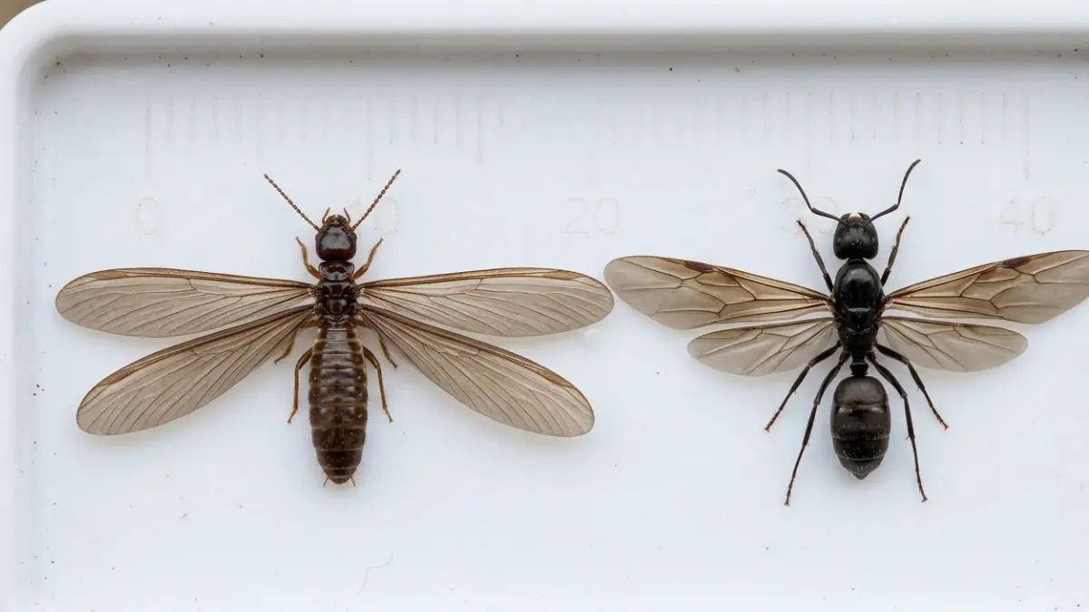 Flying Ants compared with termites on an inspection tray showing body shape, antennae, and wing differences