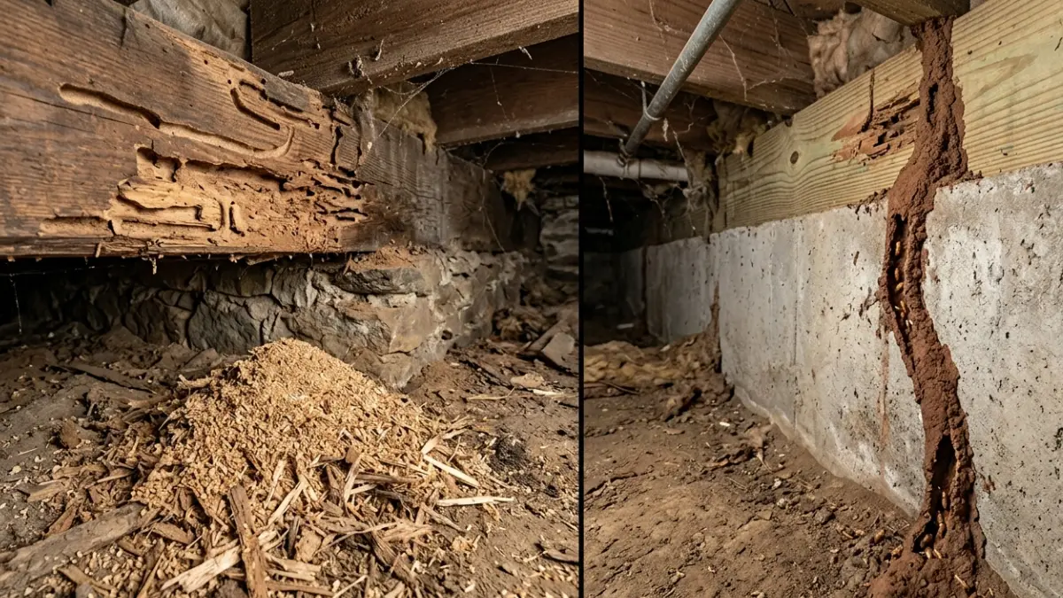 Flying Ants comparison showing carpenter ant frass beside termite mud tubes in a crawlspace