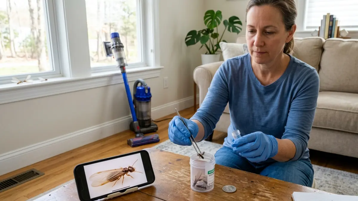 Flying Ants identification process with homeowner safely collecting a suspected termite specimen for inspection