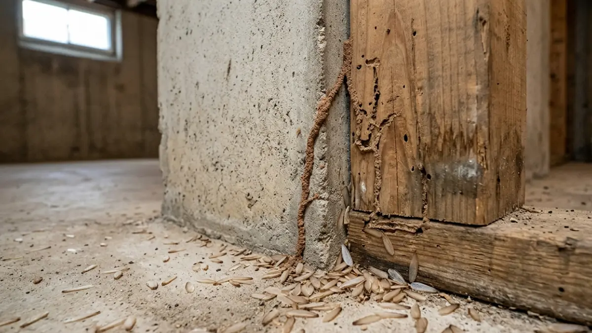Flying Ants comparison with termite shed wings, mud tubes, and damaged wood inside a home