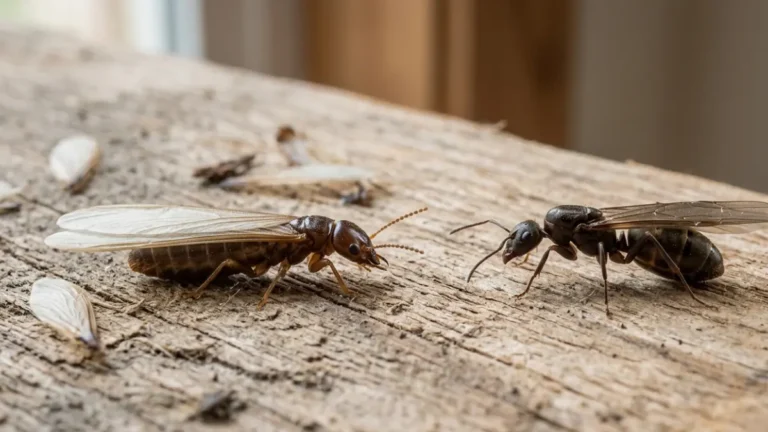 Flying Ants vs termites side-by-side showing differences in waist, antennae, and wing size on a wooden surface