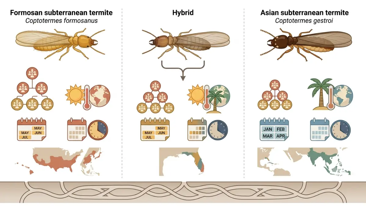 Formosan Termite comparison with Asian subterranean termite and hybrid termite using scientific vector illustration