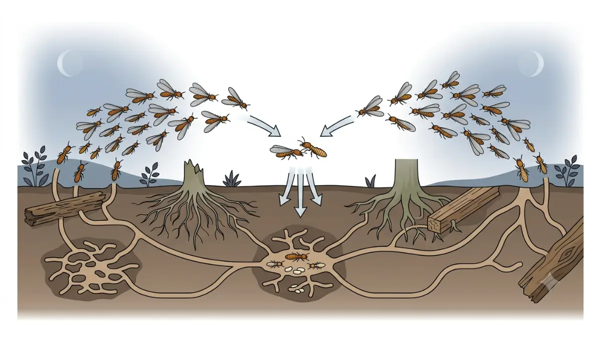 Formosan Termite hybrid formation process showing two termite species mating and creating a hybrid colony on a white background