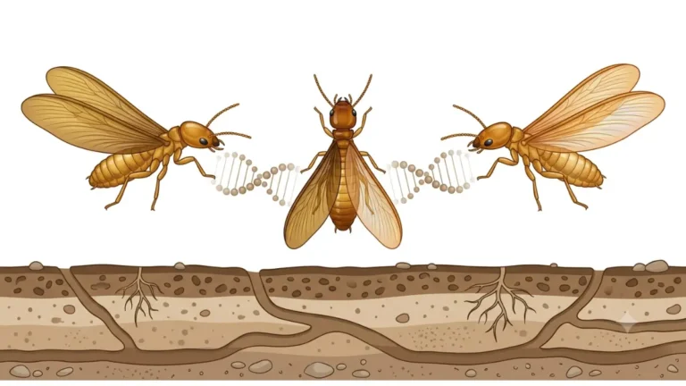 Formosan Termite hybrid illustration showing Formosan and Asian subterranean termites with genetic crossover concept on a white background