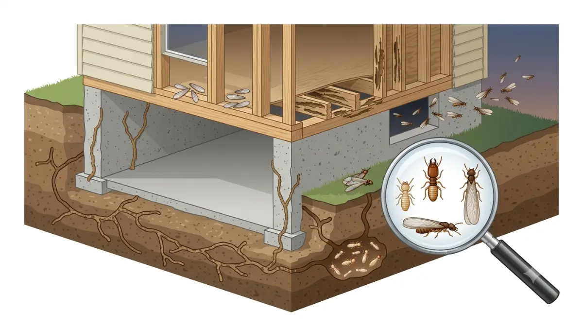 Formosan Termite identification signs including mud tubes, swarmers, and underground tunnels around a house