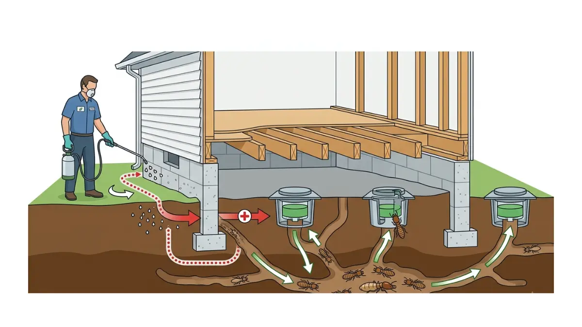 Formosan Termite professional treatment illustration showing bait stations and liquid barrier protection around a home