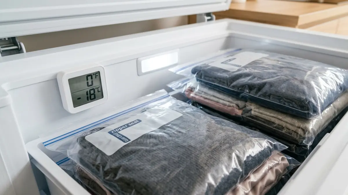 Bed Bugs in Clothes - sealed clothing stored inside a household freezer with a thermometer showing 0°F