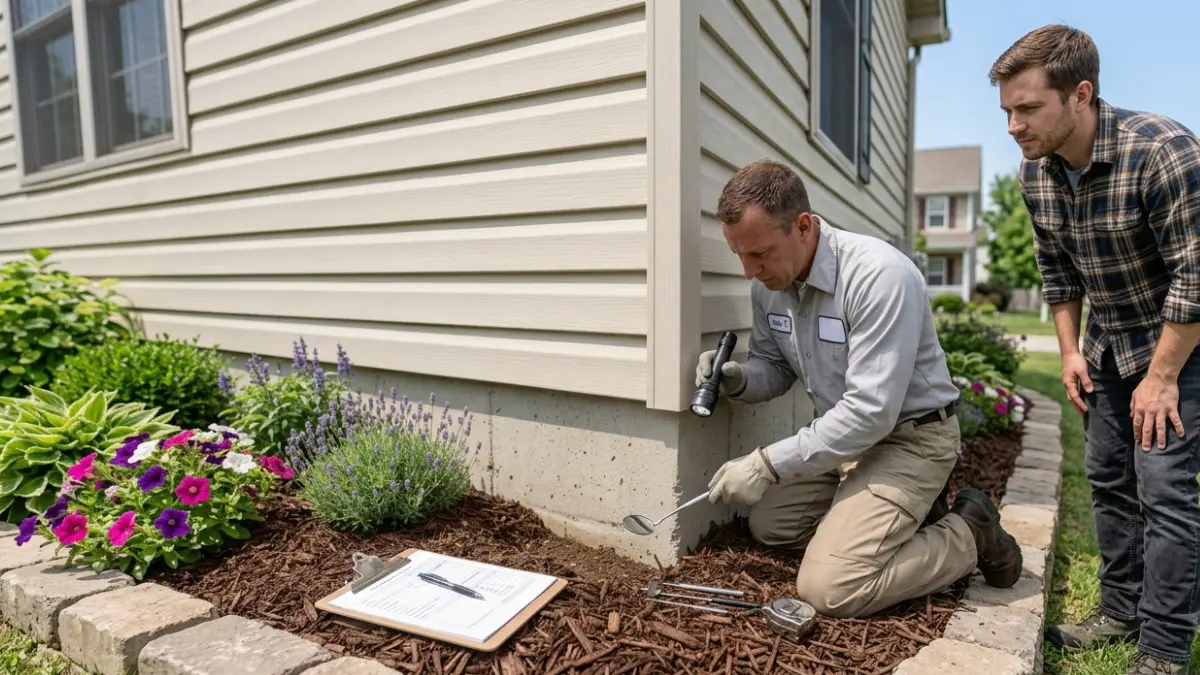 Home inspector evaluating mulch landscaping during a termite inspection before a property purchase
