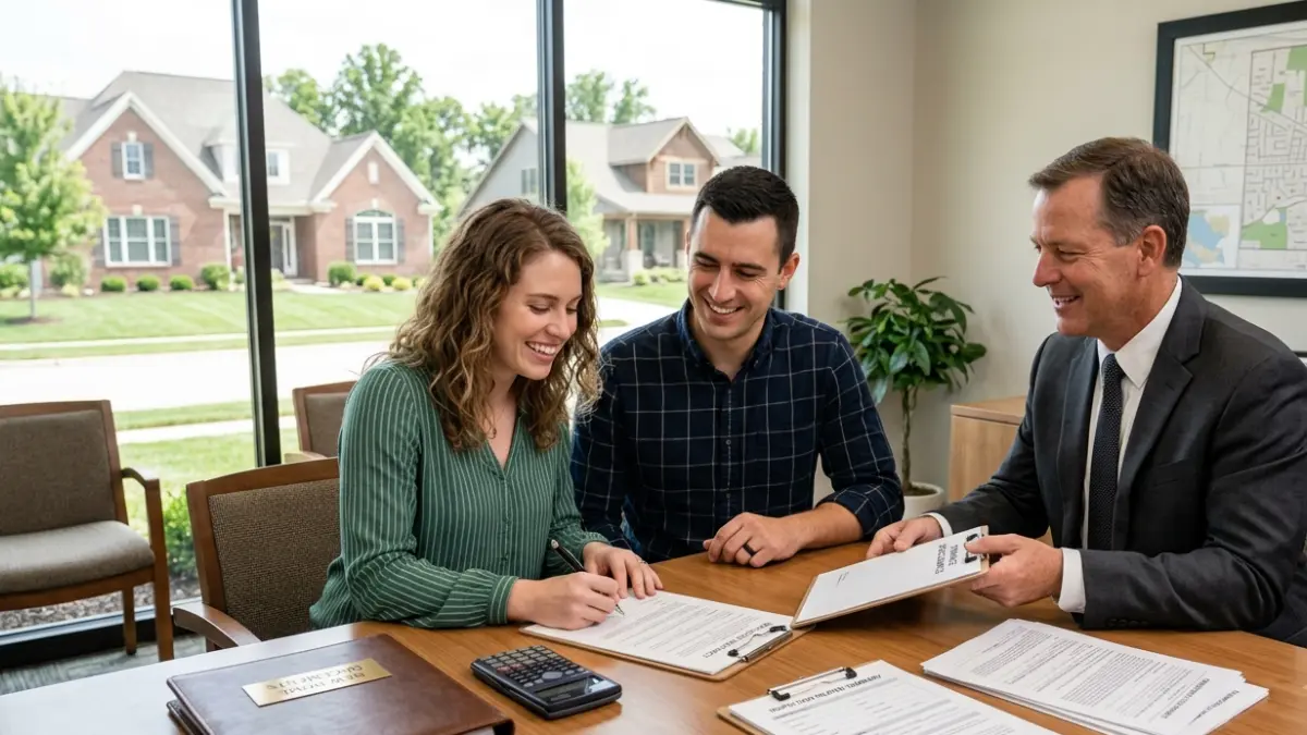 Homebuyers signing closing documents after understanding termite damage inspection findings