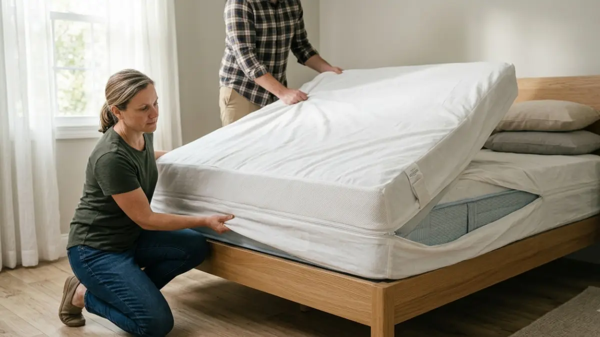Homeowner installing a Mattress Encasement correctly on a queen-size mattress