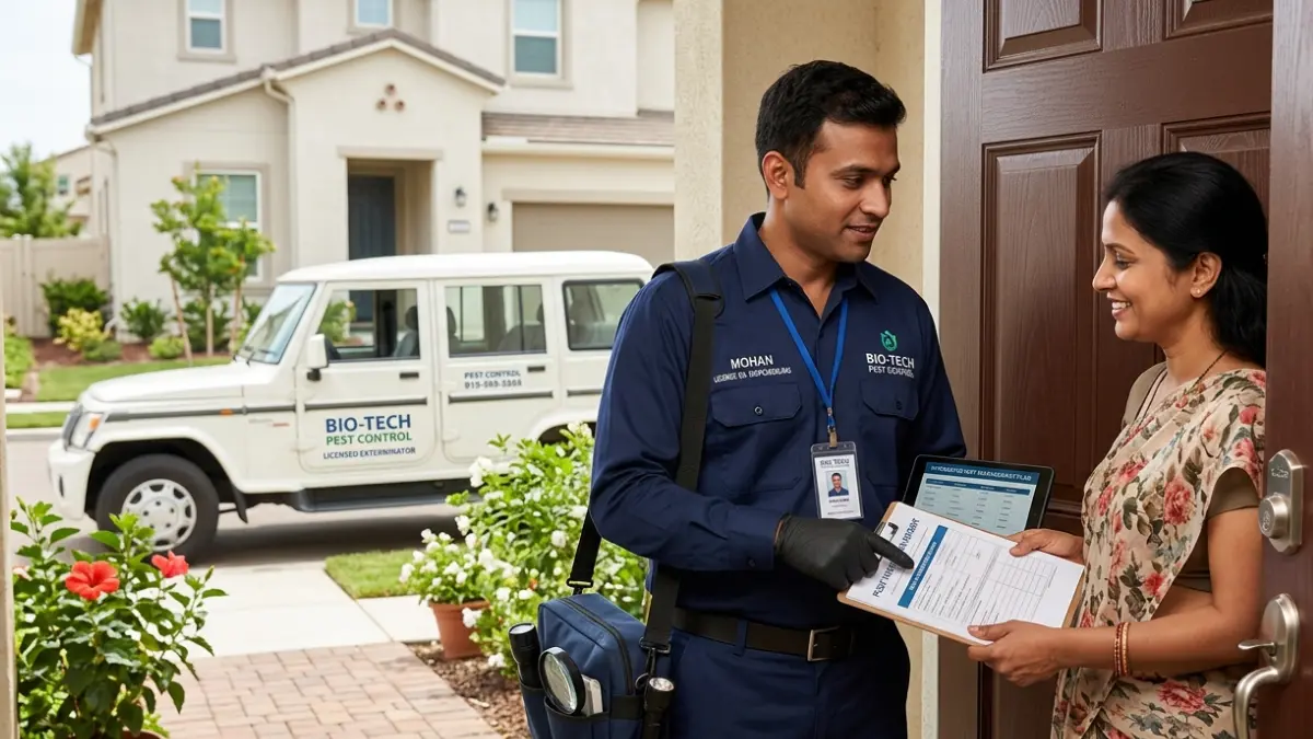 Bed Bug Exterminator explaining inspection results and treatment options to a homeowner before starting service.