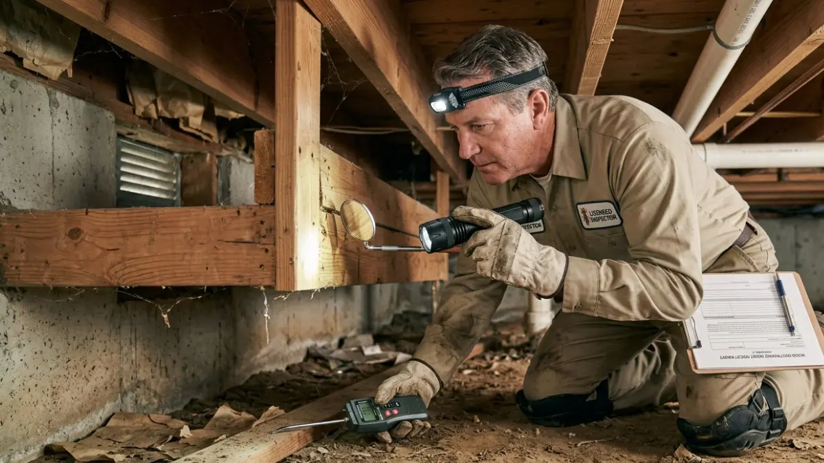 Licensed pest inspector performing a termite letter inspection inside a home's crawl space