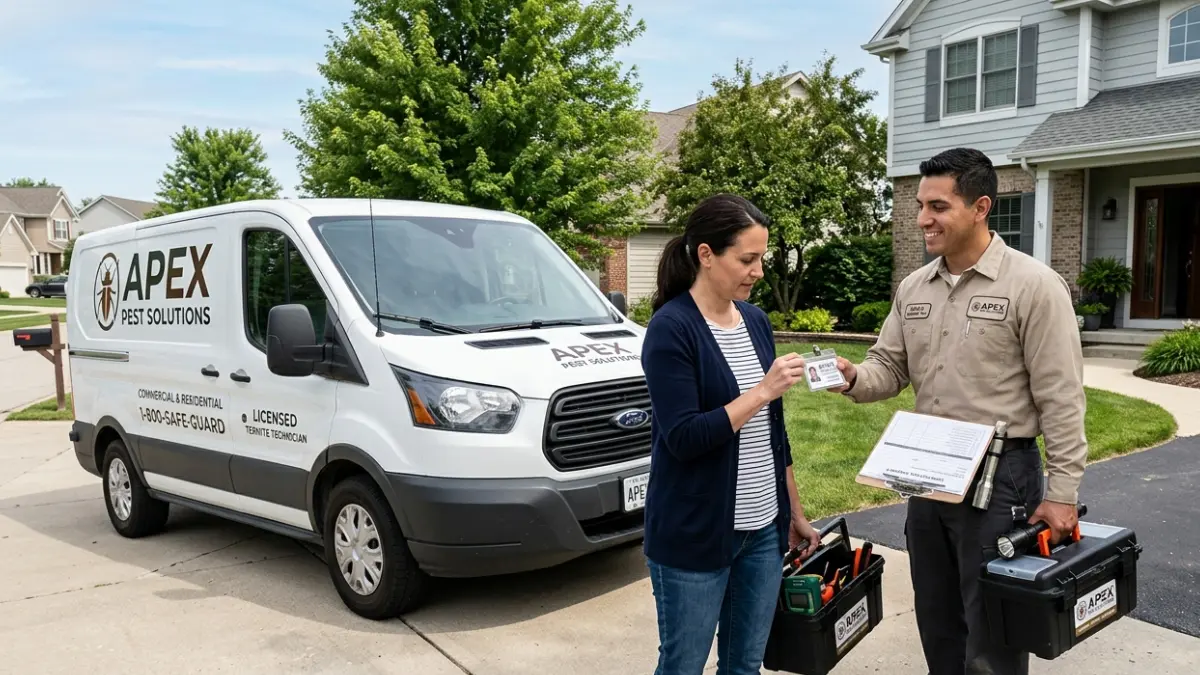 Licensed termite company technician showing an official identification badge to a homeowner before entering the property