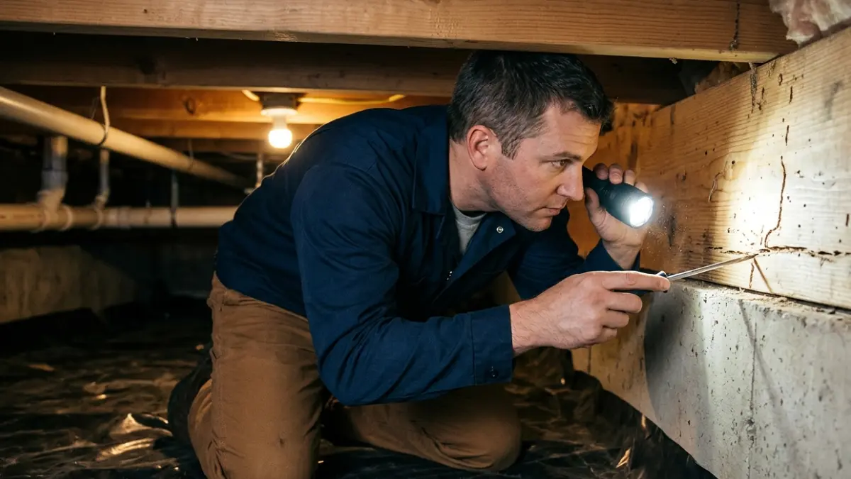 Licensed inspector examining a crawl space for hidden termite activity and structural wood damage