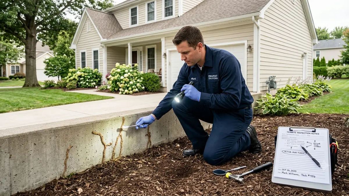 Licensed pest control technician inspecting property after discovering Termite swarmers indoors