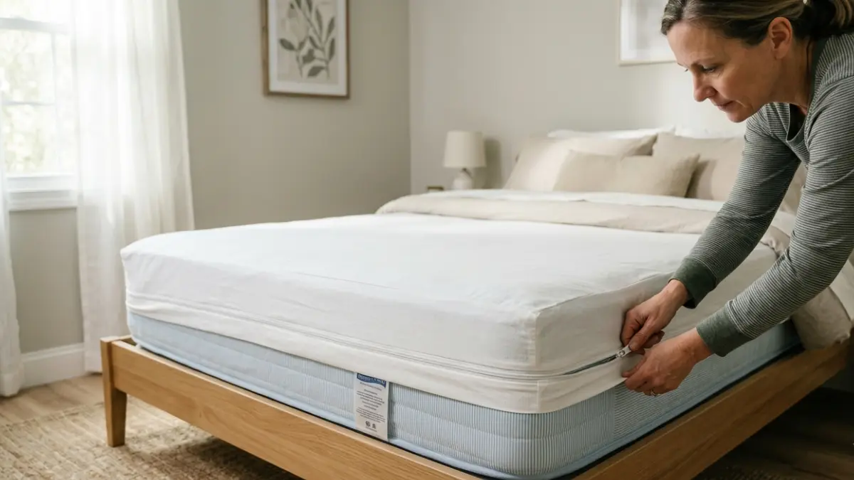 Mattress Encasement being installed on a queen-size bed to protect against bed bugs