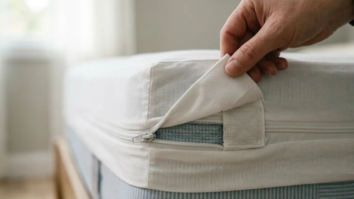 Close-up of a Mattress Encasement zipper with sealed end-stop and reinforced stitching