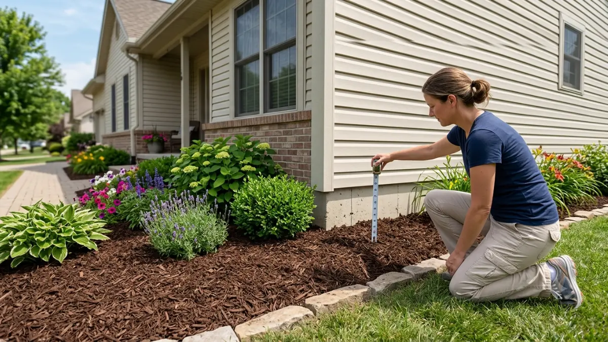 Proper mulch installation around a house foundation with a visible inspection gap to help reduce moisture problems and improve termite inspections