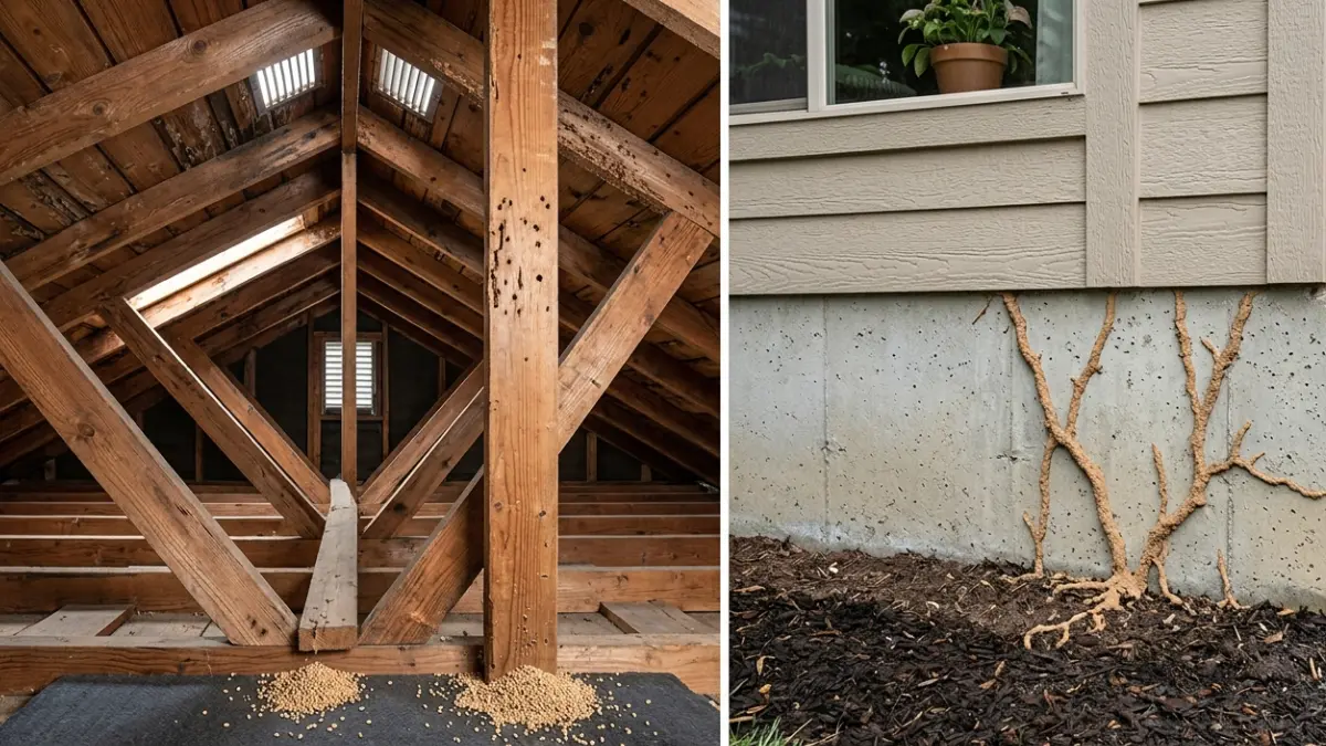 Orange Oil treatment comparison showing drywood termite damage inside wood and subterranean termite mud tubes on a home's foundation.