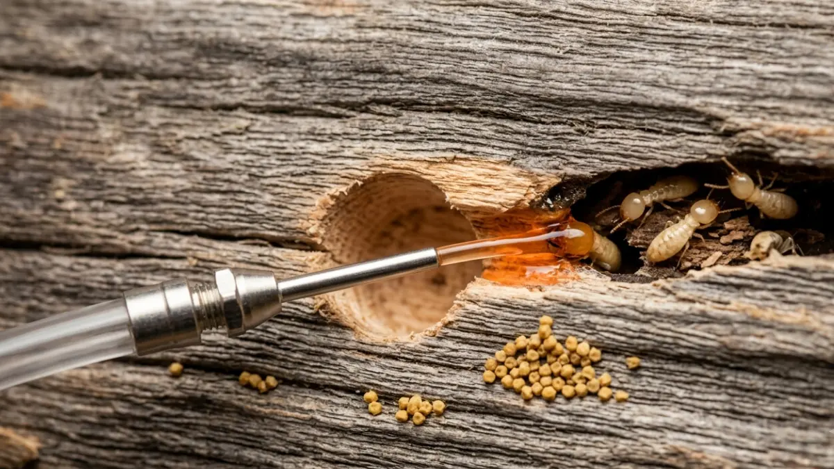 Orange Oil being injected directly into an exposed drywood termite gallery inside wooden framing during localized termite treatment.