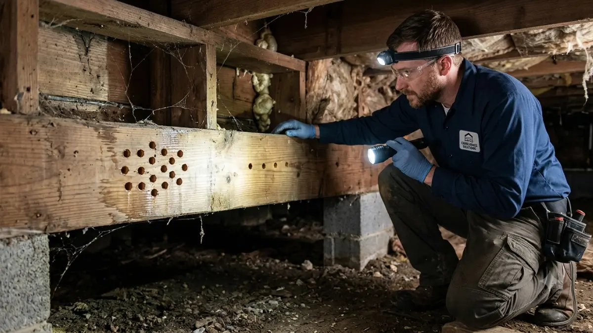 Orange Oil treatment drilling pattern shown on a structural wooden beam during professional drywood termite inspection.