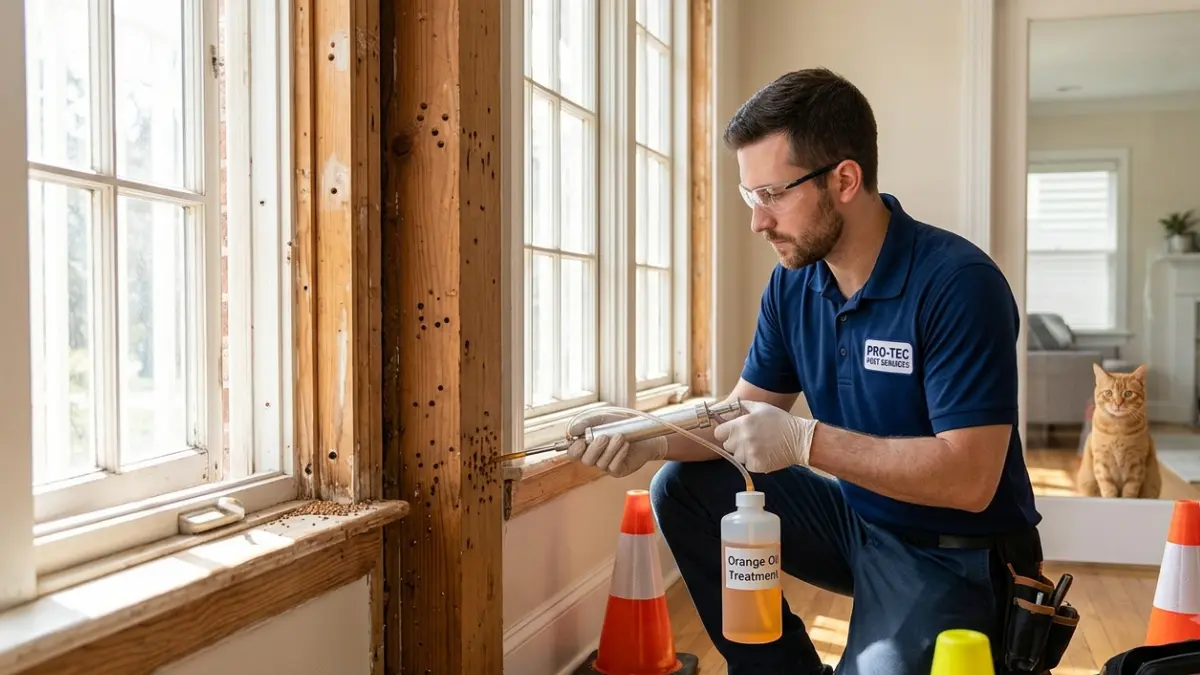 Licensed technician performing Orange Oil termite treatment while household pets remain safely separated from the treatment area.