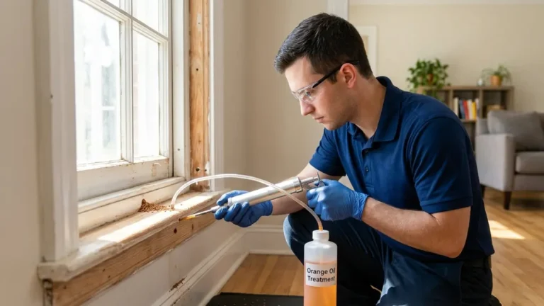 Professional Orange Oil termite treatment being injected into drywood termite-infested wood by a licensed pest control technician inside a home.