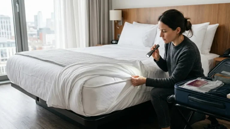Prevent Bed Bugs by inspecting a hotel mattress and keeping luggage on a luggage rack before unpacking.