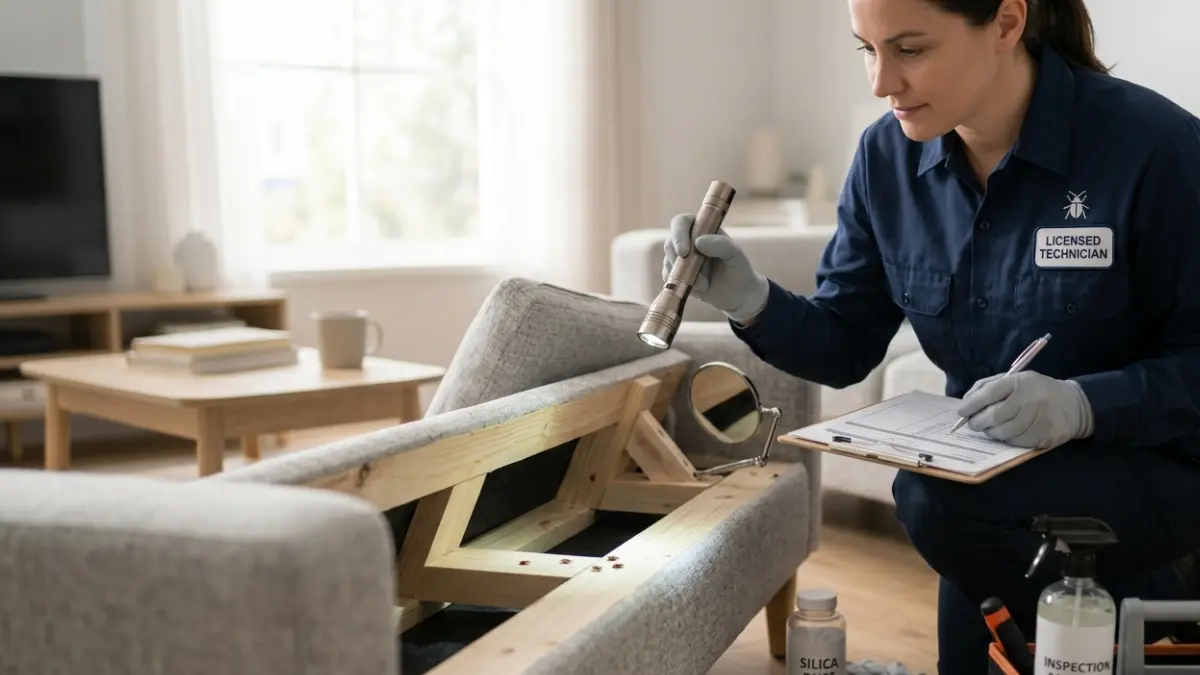 Bed Bugs professional inspection underneath a fabric couch to locate hidden infestations