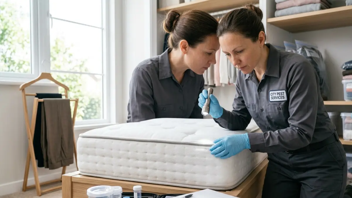 Bed Bugs in Clothes - licensed pest control professional inspecting a mattress and bed frame inside a bedroom