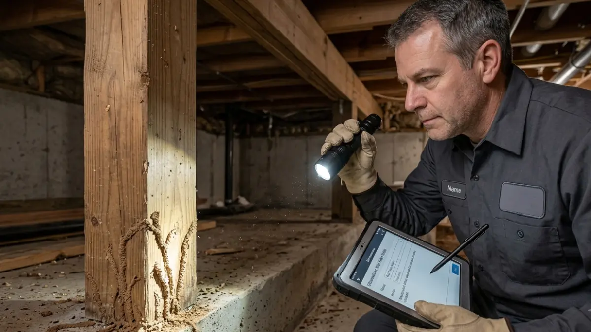 Professional Termite Damage inspection inside a residential crawlspace with visible mud tubes and structural wood evaluation