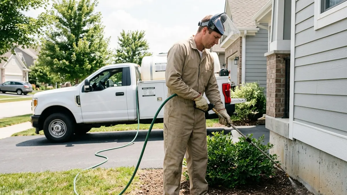 Licensed technician performing professional termite soil treatment around a residential home's foundation