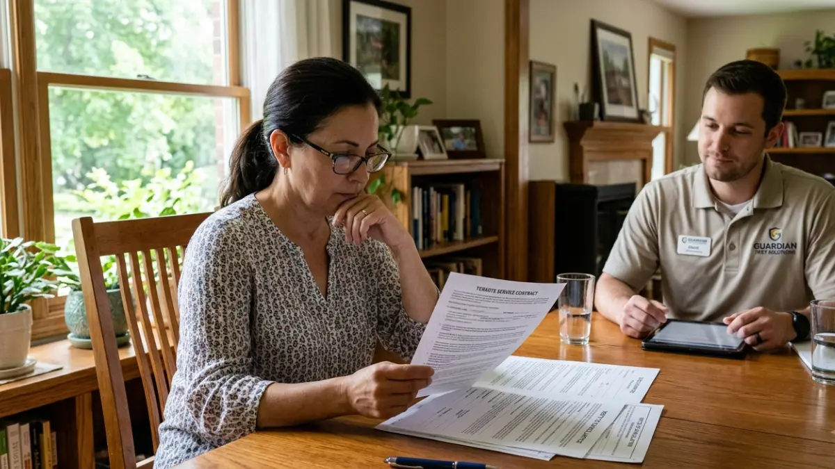Homeowner carefully reading a termite company service contract before signing the agreement