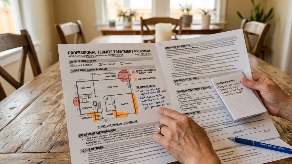 Homeowner reviewing a termite company treatment proposal with inspection diagram and warranty details