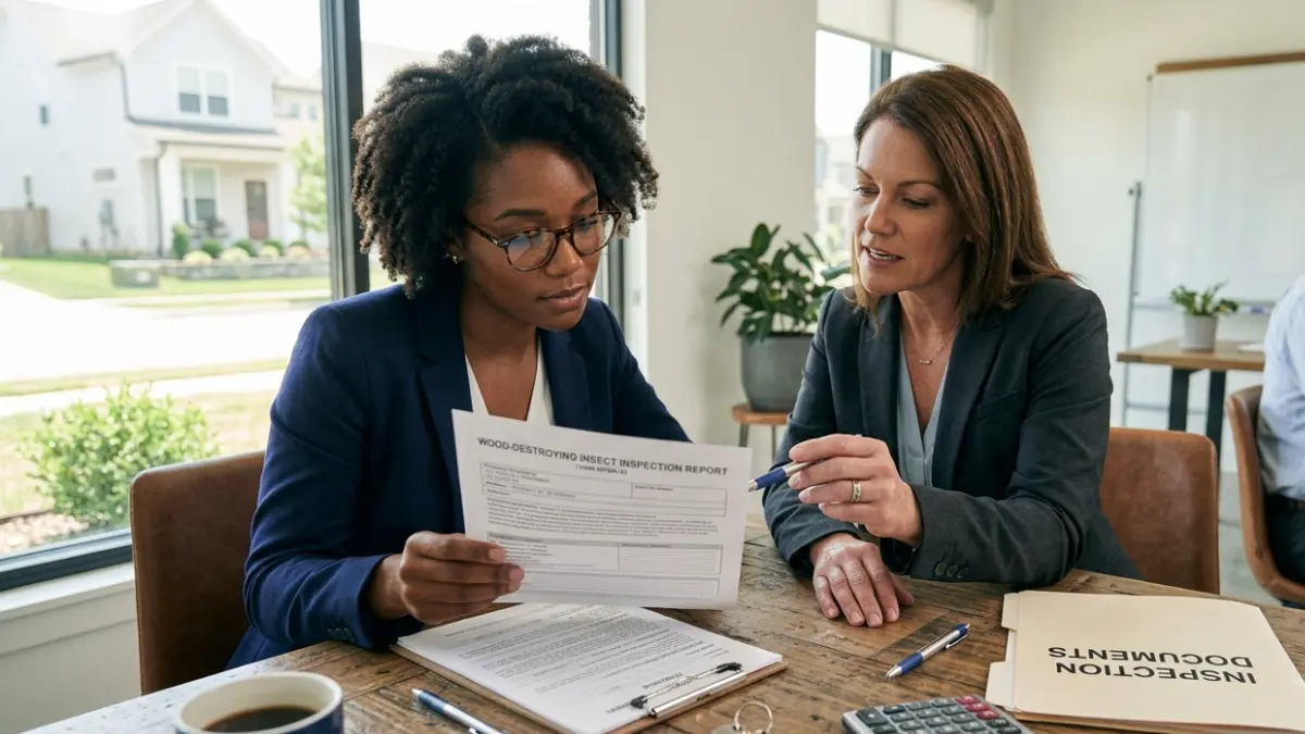 Home buyer carefully reviewing a termite letter before signing closing documents