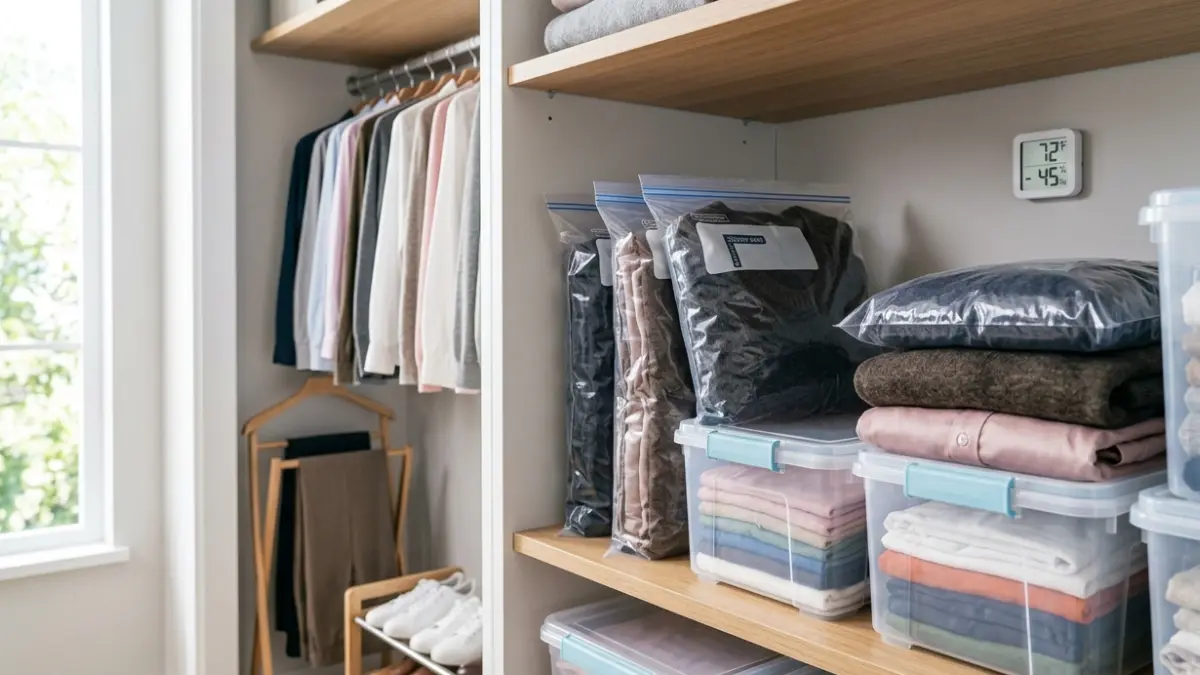 Bed Bugs in Clothes - freshly cleaned clothes stored inside sealed storage bags and airtight containers in a closet