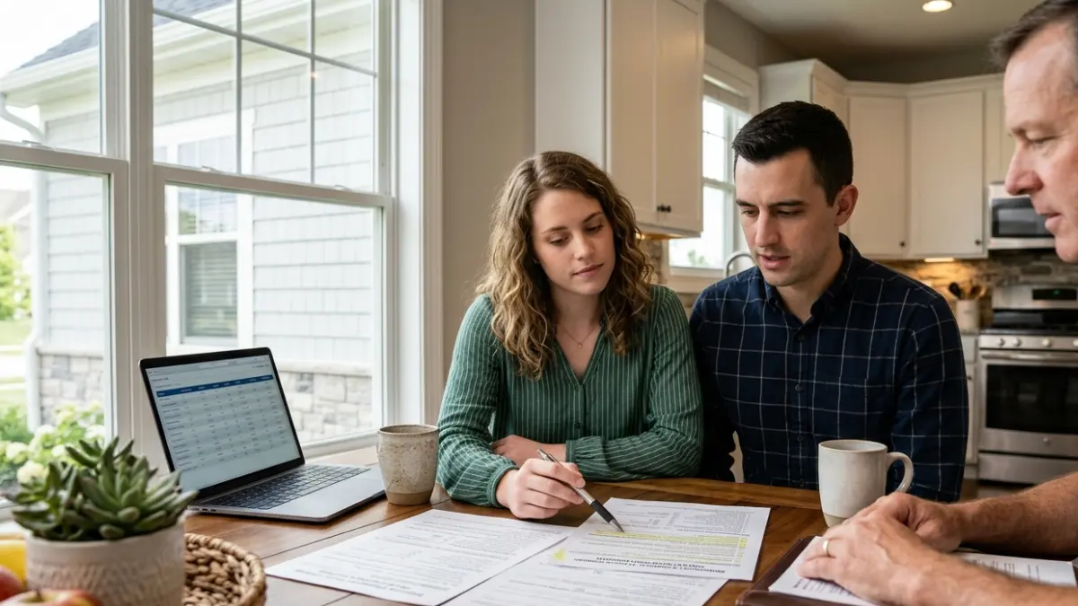 Buyer and real estate agent reviewing seller disclosure documents about termite damage before closing