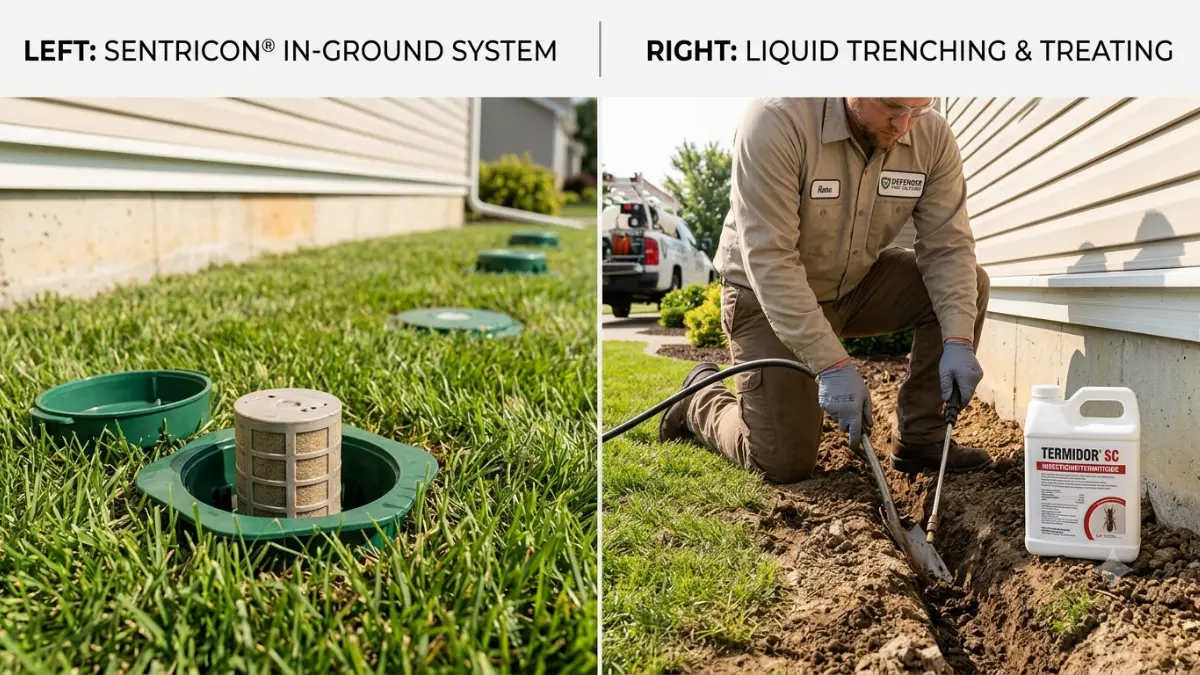 Sentricon vs Termidor showing in-ground bait stations beside a home and professional liquid barrier trench treatment during installation