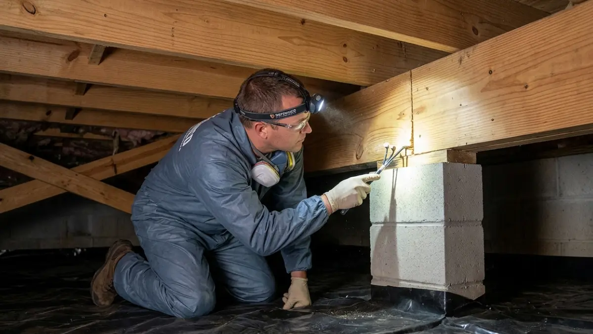 Sentricon vs Termidor licensed termite inspector examining crawl space and structural foundation before recommending treatment
