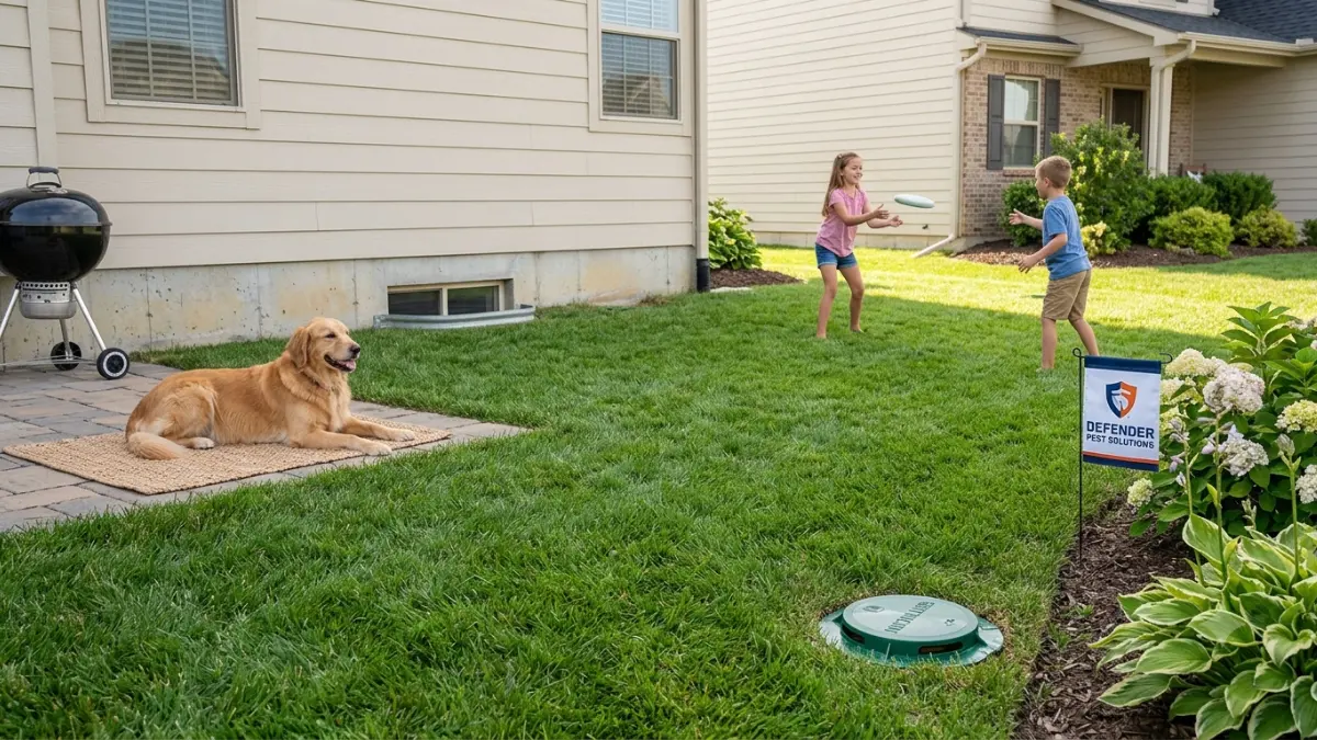 Sentricon vs Termidor professionally treated backyard with children playing safely near installed termite bait stations