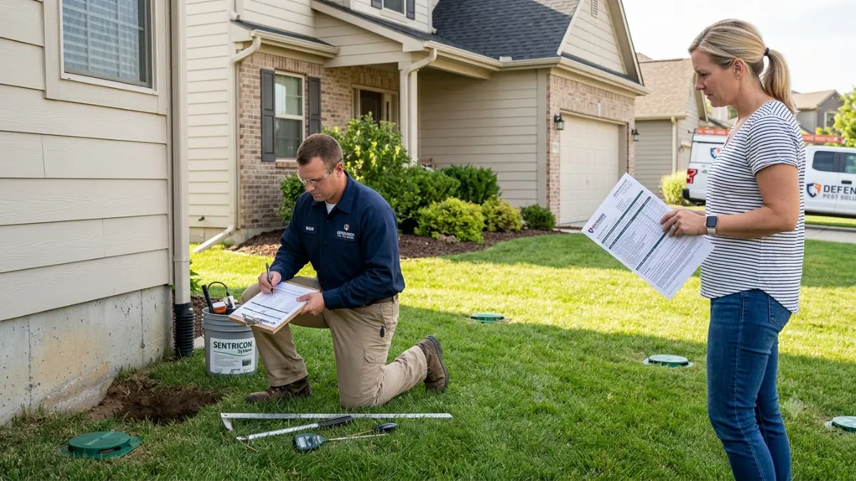 Sentricon vs Termidor professional termite inspection with homeowner reviewing treatment estimate before choosing a control system
