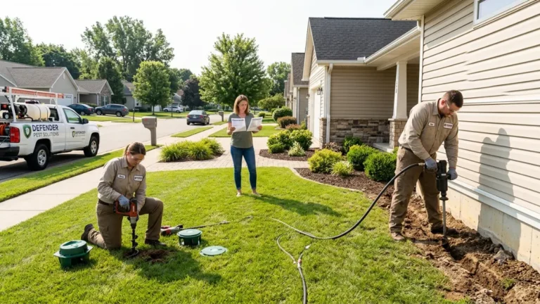 Sentricon vs Termidor comparison showing professional bait station installation and liquid termite barrier treatment around a residential home