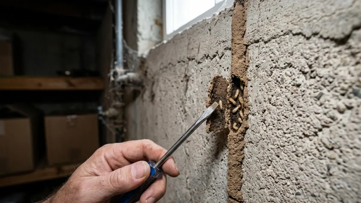 Signs of Termites revealed by opening an active mud tube and finding live worker termites inside