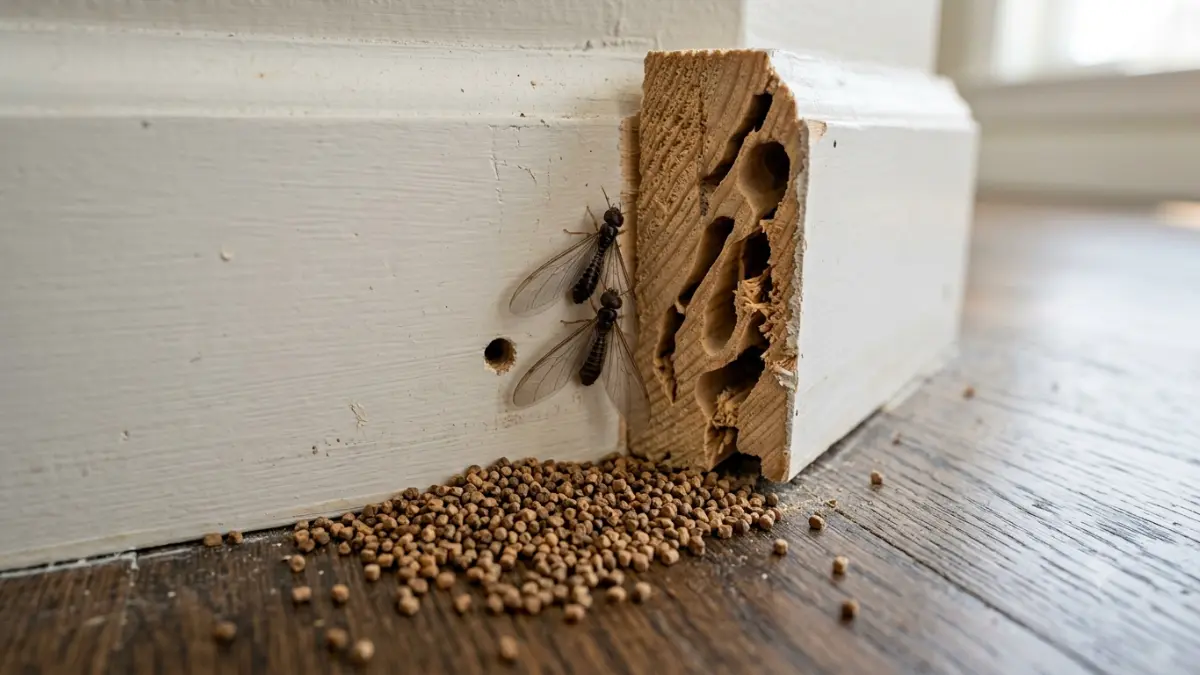 Signs of Termites including drywood termite pellets beneath a kick-out hole and hidden wood damage