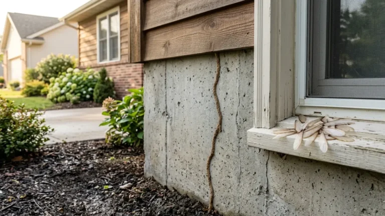 Signs of Termites visible as a mud tube climbing a house foundation with shed termite wings on an exterior windowsill