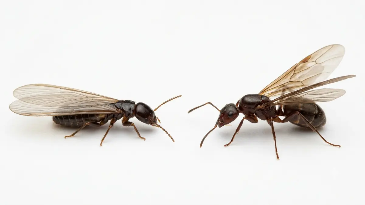 Signs of Termites compared with a flying ant to show differences in wings, antennae, and body shape